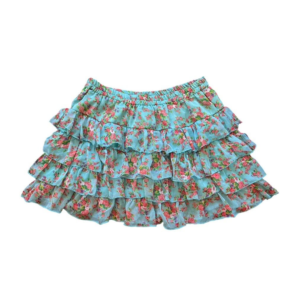 Royal Love Turquoise Floral Tiered Ruffle Mini Skirt Elastic Waist Womens Med